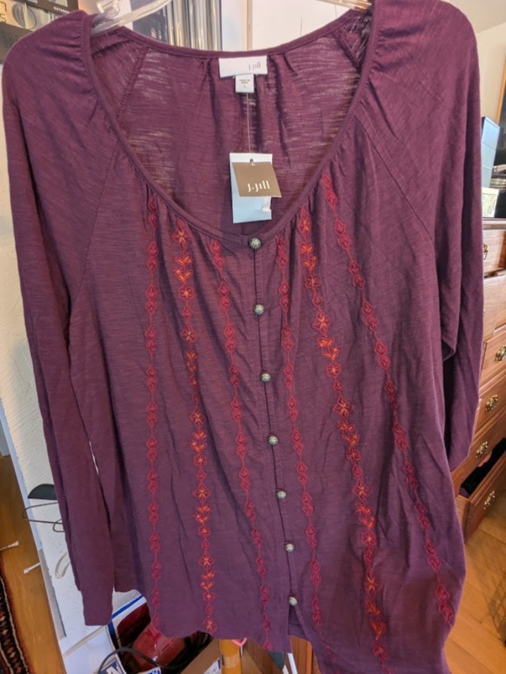 J. Jill Plum Button Front Knit Top with Embroidered Accents, Large